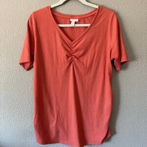 Isabel Maternity Coral Ribbed V Neck Ruched Womens Pregnancy T-Shirt Large